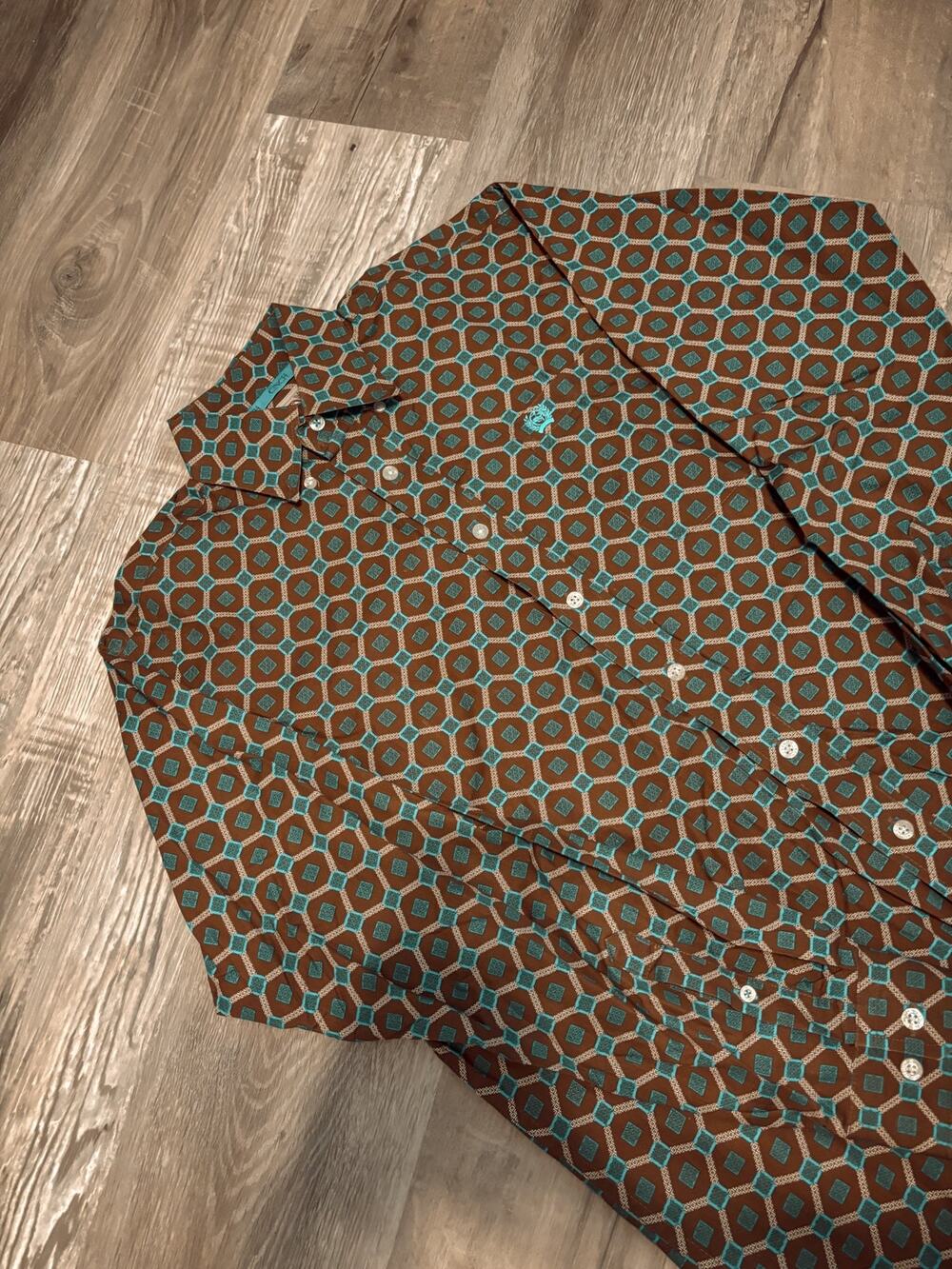 brown/turquoise cinch button up shirt